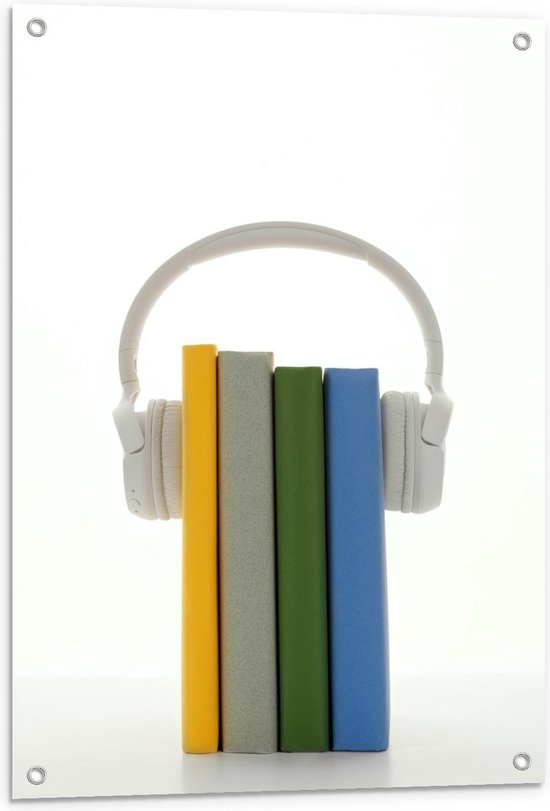 Tuinposter – Witte Koptelefoon op Gekleurde Boeken - 60x90cm Foto op Tuinposter  (wanddecoratie voor buiten en binnen)
