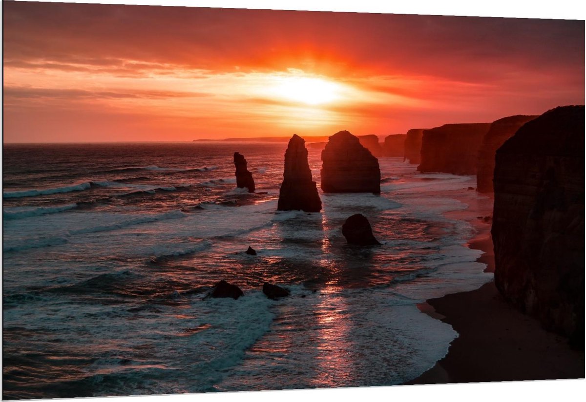 Dibond - Rotsen in het Water met Zonsondergang - 150x100cm Foto op Aluminium (Wanddecoratie van metaal) op Prijzenvolger.com