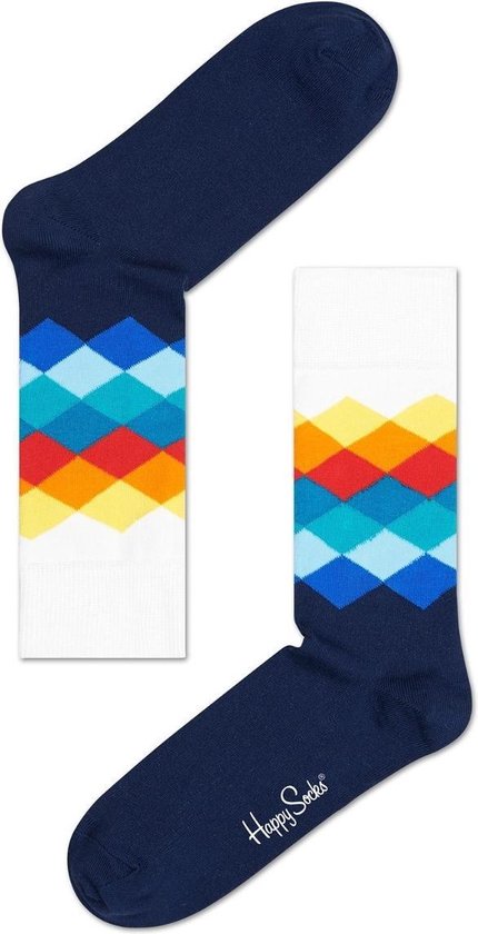 Donkerblauwe sokken met een wit gedeelte aan de bovenkant, versierd met veelkleurige ruiten.