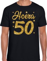 Hoera 50 jaar verjaardag cadeau t-shirt - goud glitter op zwart - heren - Abraham cadeau shirt M