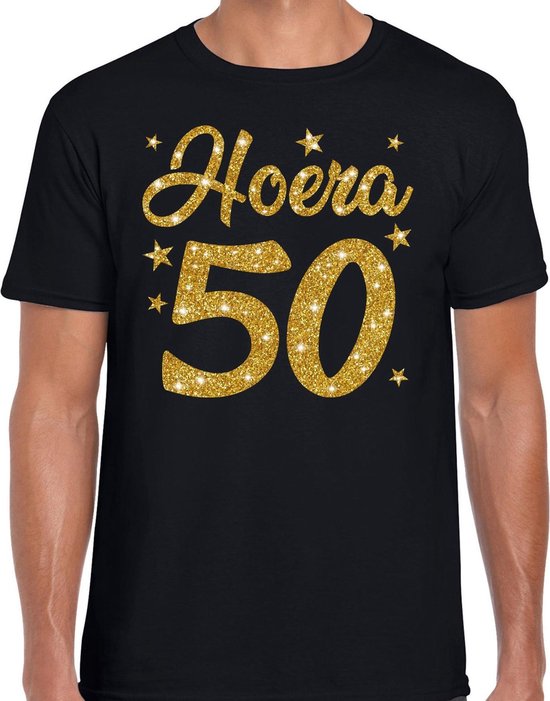 Hoera 50 jaar verjaardag cadeau t-shirt - goud glitter op zwart - heren -  Abraham... | bol.com