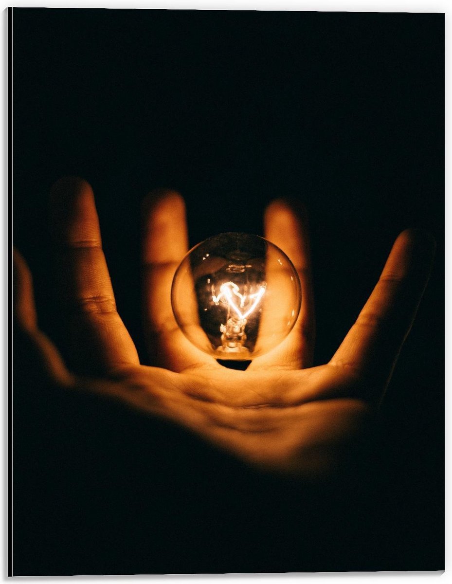 Dibond - Lichtgevende Gloeilamp in Handen met Zwarte Achtergrond - 30x40cm Foto op Alumini