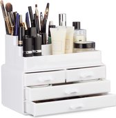 Relaxdays make-up organizer - tweedelig - cosmetica opbergdoos - lippenstift houder - wit