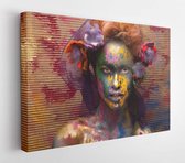 Woman in paint. Attractive and sexy girl. Face art. Bright make up and body art. Flowers in hair. Over creative background - Modern Art Canvas  - Horizontal - 243470797 - 80*60 Hor