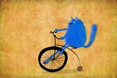 A funny picture of a funny blue cat riding an old fashioned high wheeler on the gray background - Modern Art Canvas - Horizontal - 603677057 - 115*75 Horizontal
