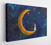Painting oil - Girl on a big moon in space, illustration for fairy tale, fabulous worlds - modern art impressionism abstract landscape acrylic paint artwork  - Modern Art Canvas  - Horizontal