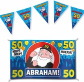 Set  van 1x Abraham gevelvlag 100 x 150 cm en 3x cartoon 50 jaar vlaggenlijnen 10 meter