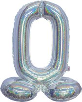 Folieballon cijfer 0 holografisch zilver 82 cm staand op voet, 0, zilver