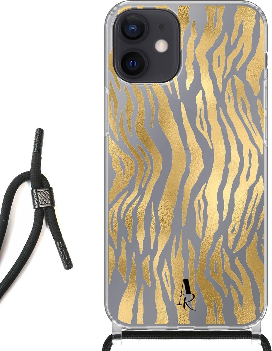 iPhone 12 Mini hoesje met koord - Tijgerprint Goud