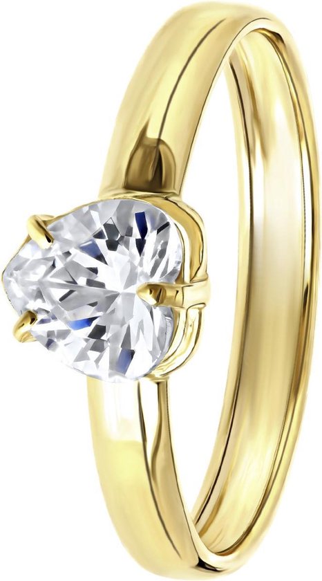 Lucardi Dames Ring hartvorm zirkonia - Ring - Cadeau - 14 Karaat Goud - Geelgoud