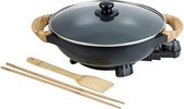 Bestron elektrische wok met bamboehandvatten, XL-wokpan met glazen deksel in Aziatisch ontwerp, inclusief bamboespatel, 2 eetstokjes en receptenboek, 1.500 W, zwart