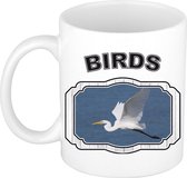 Dieren grote zilverreiger beker - birds/ vogels mok wit 300 ml