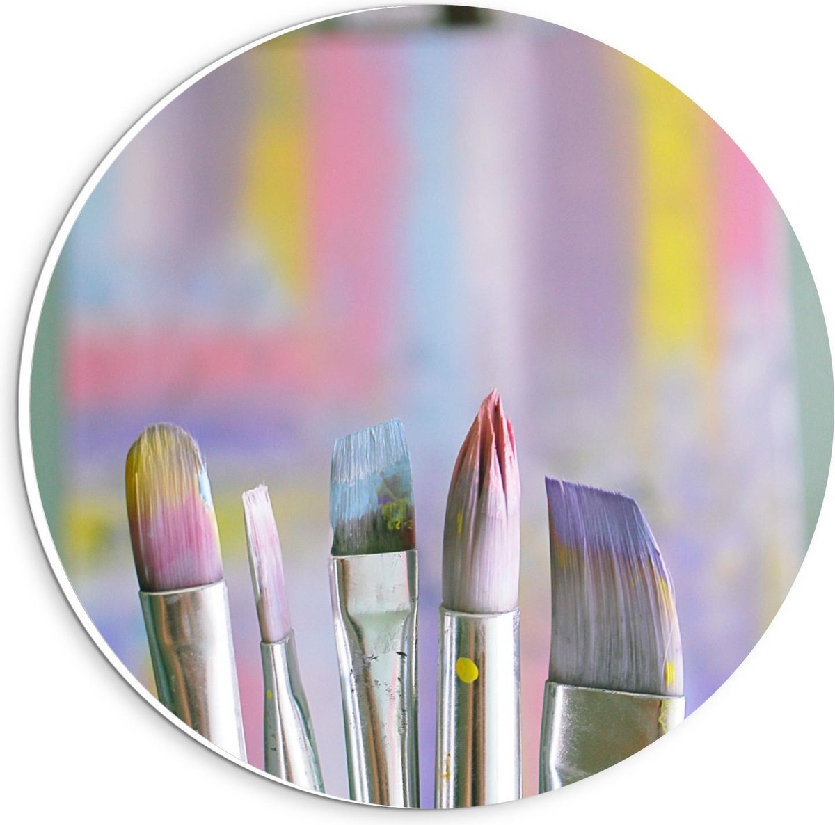 KuijsFotoprint - Schilderij - Pastelkleurige Kwasten Met Een Beschilderd Doek - Wit, Geel, Roze En Paars - 20 X 20 Cm