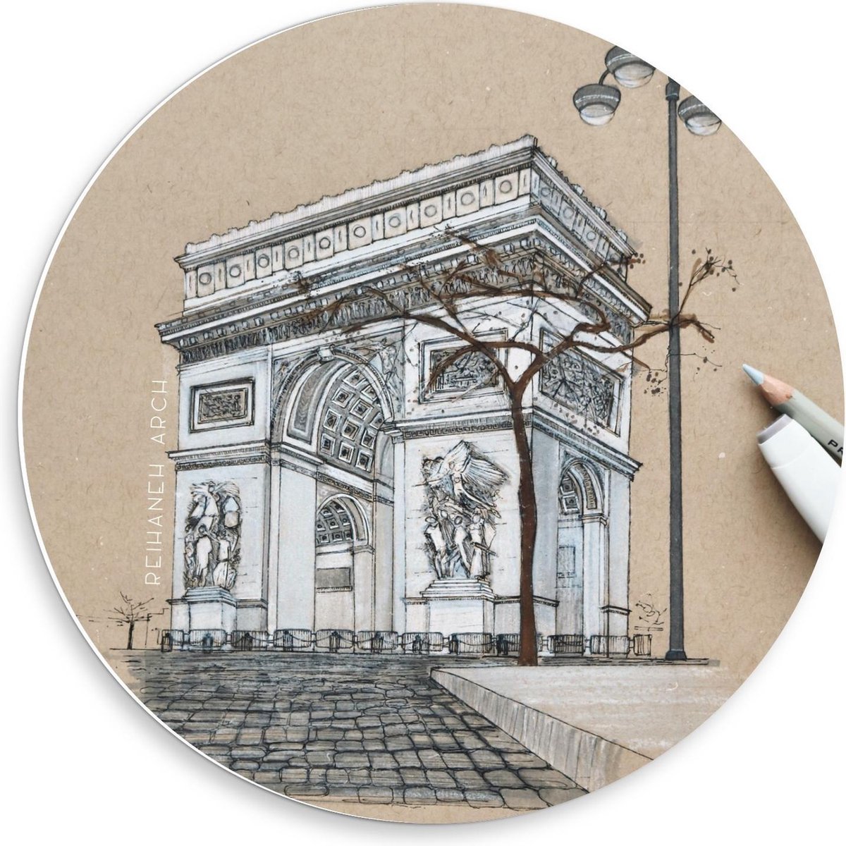 KuijsFotoprint Schilderij - Tekening Een Stenen Monument - Zwart, Wit, Grijs En Beige - 50 X 50 Cm
