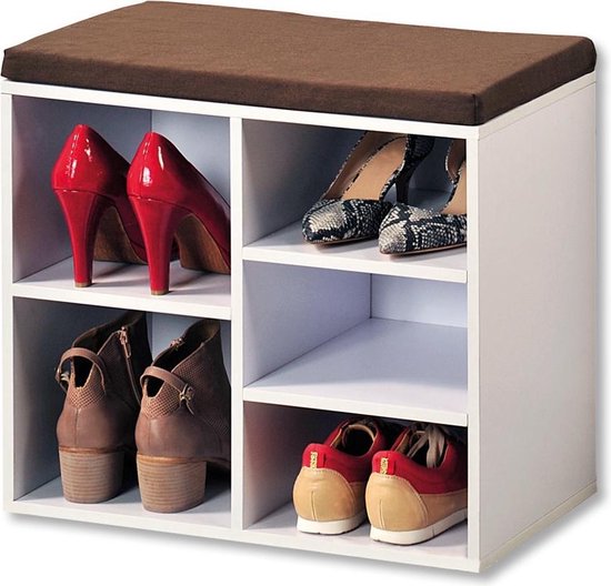 Schoenenbank - 5 paar schoenen met Zitkussen & Opbergvakken - Open Schoenenkast - FSC® hout - Afm 51.5 x 29.5 x 48 Cm - Wit
