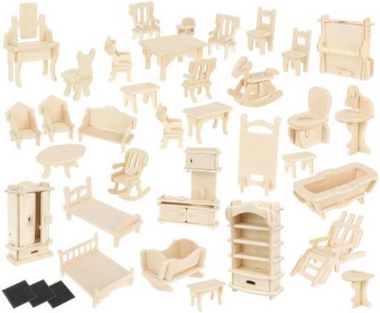 Houten poppenhuis meubels - 34 stuks - 175 onderdelen - Puzzel - 3D - DIY |  bol.com