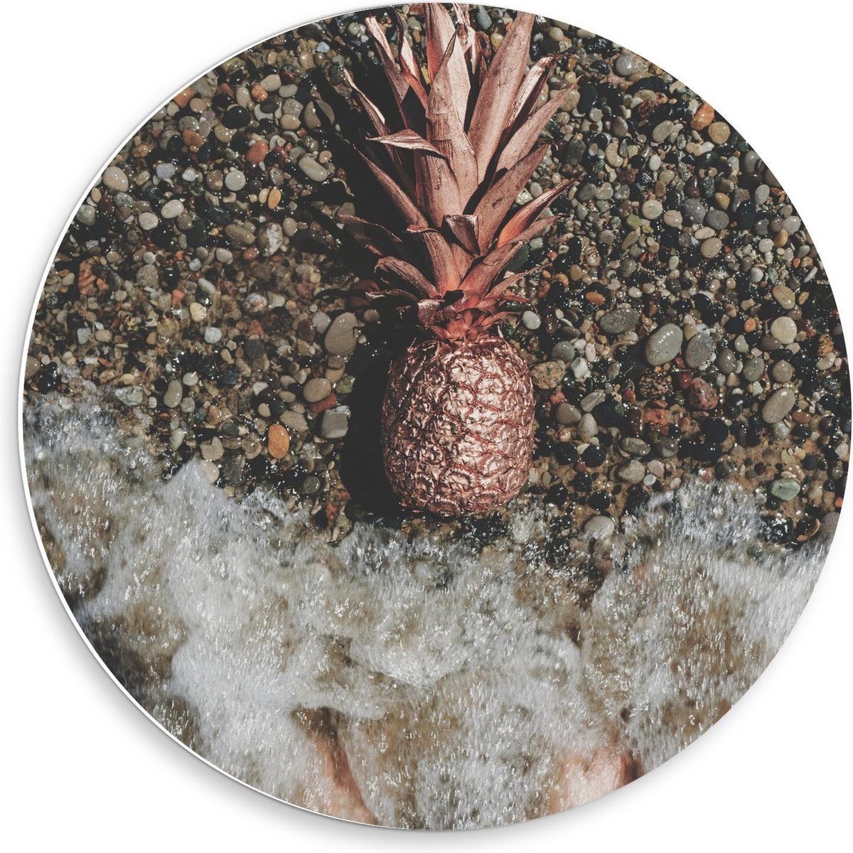 Forex Wandcirkel - Gouden Ananas Spoelt aan - 50x50cm Foto op Wandcirkel (met ophangsysteem)