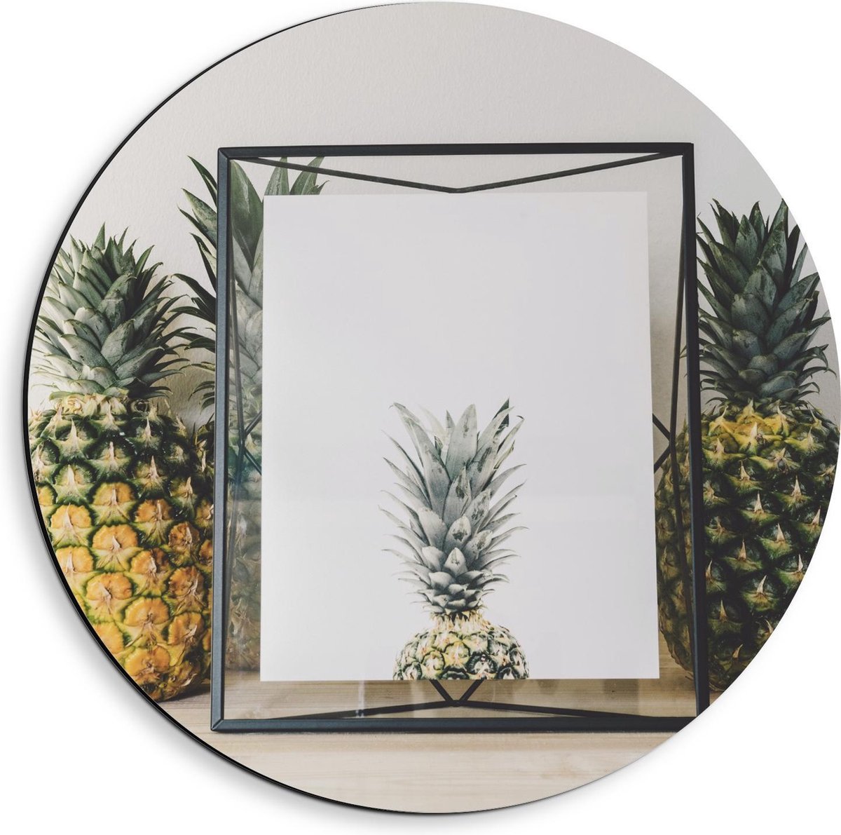 Dibond Wandcirkel - Ananas Ingelijst - 40x40cm Foto op Aluminium Wandcirkel (met ophangsysteem)