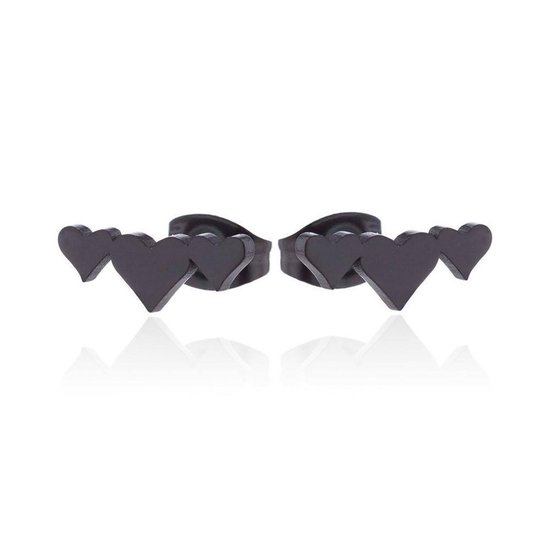 Aramat jewels ® - Oorbellen 3 hartjes zweerknopjes zwart chirurgisch staal 11mm