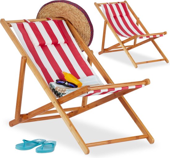 Relaxdays Strandstoel set van 2 - ligstoel - kampeerstoel - tuinstoel - gestreept - bamboe - rood-strip