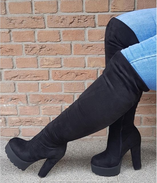 Overknee laarzen met hoge blokhak in zwart | Overknee laarzen met hoge | bol.com