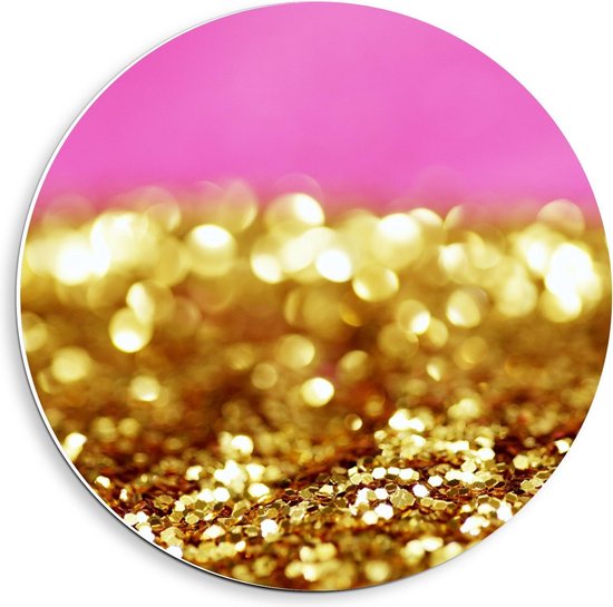 Forex Wandcirkel - Gouden Glitters op Roze Achtergrond - Foto op Wandcirkel (met ophangsysteem)