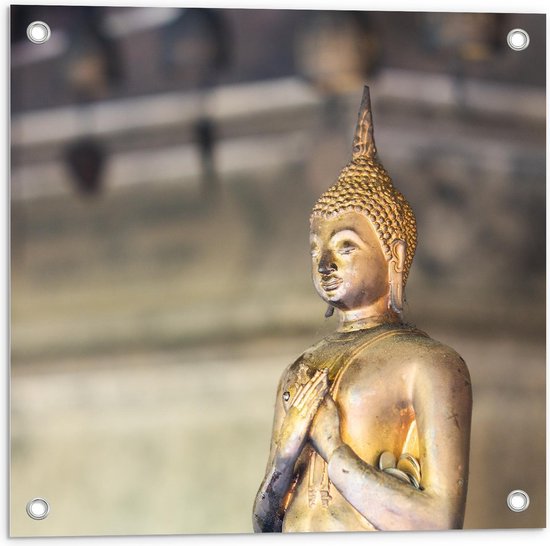 Tuinposter – Boeddha Beeld Goud - 50x50cm Foto op Tuinposter  (wanddecoratie voor buiten en binnen)