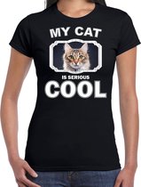 Bruine kat katten t-shirt my cat is serious cool zwart - dames - katten / poezen liefhebber cadeau shirt XS