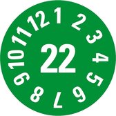 Keuringssticker met jaartal 22 op vel, groen 10 mm - 128 per vel