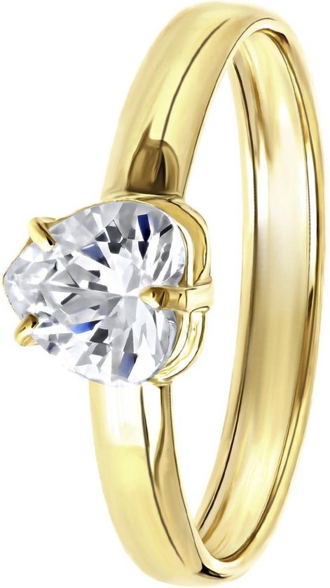 Lucardi Dames Ring hartvorm zirkonia - Ring - Cadeau - 14 Karaat Goud - Geelgoud