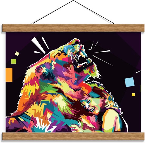 Schoolplaat – Gekleurde Leeuw met een Kind - 40x30cm Foto op Textielposter (Wanddecoratie op Schoolplaat)