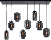 Glazen hanglamp Fantasy smoke 8 lichts | 130 cm brede plafondplaat | E27 | Glas & metaal | Stoere en robuuste industriële look | Maximaal 130 cm lange snoeren