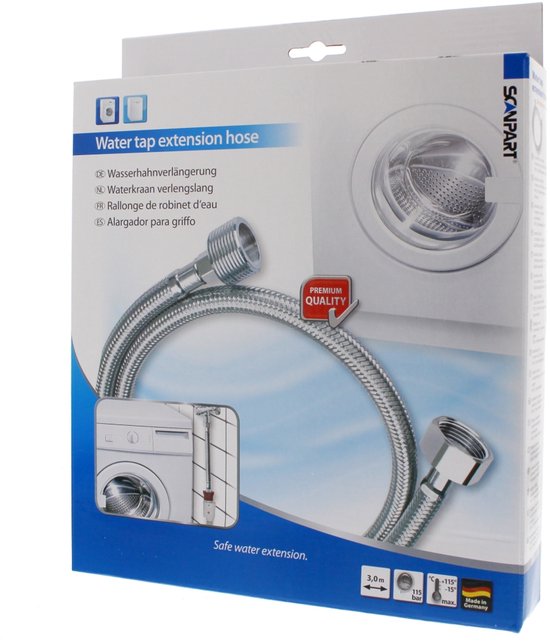 Scanpart gepantserde verlengslang 3 meter - Veilige verlenging van waterslang - Geschikt voor wasmachine vaatwasser boiler koffiezetapparaten ijsblokjesmachine side-by-side koelkasten - KTW-A en DVGW goedgekeurd - Gevlochten RVS - Universeel