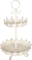 Clayre & Eef Etagère 2 laags Ø 36*61 cm Wit Ijzer Rond Roosjes Fruitschaal etagère
