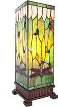 LumiLamp Tiffany Tafellamp 18*18*45 cm E27/max 1*40W Groen, Bruin, Beige Glas in lood Vierkant Libelle Tiffany Bureaulamp Tiffany Lampen