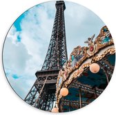 Dibond Wandcirkel - Draaimolen bij de Eiffeltoren - 60x60cm Foto op Aluminium Wandcirkel (met ophangsysteem)