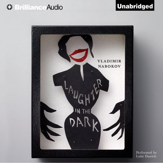 Black cutout silhouette van een vrouw met rode lippen en de tekst 'Laughter in the Dark'.