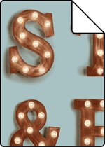 Proefstaal ESTAhome behang houten licht letters vintage blauw en sepia bruin - 138851 - 26,5 x 21 cm