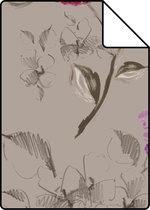 Proefstaal ESTAhome behang hortensia's taupe en aubergine paars - 128024 - 26,5 x 21 cm