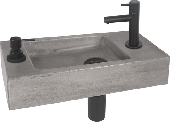 Differnz Jax Fonteinset met Zeepdispenser - Wasbak Beton - Kraan Mat Zwart - 42 x 18.5 x 9 cm