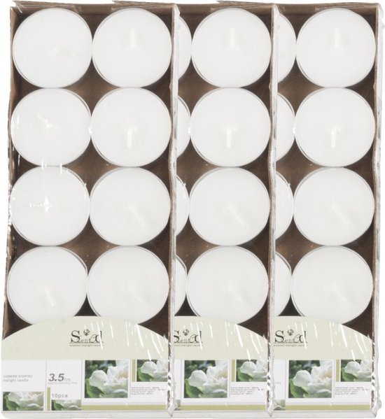 30x Geurtheelichtjes jasmijn/wit 3,5 branduren - Geurkaarsen jasmijnbloesem bloemengeur - Waxinelichtjes