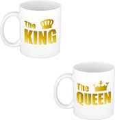 La reine et le roi cadeau tasse à café / tasse à thé blanc avec couronne en or et lettres majuscules - 300 ml - céramique - Kingsday / mariage / anniversaire / anniversaire - mugs cadeaux pour couples