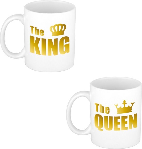 The queen en the king cadeau koffiemok / theebeker wit met gouden kroon en blokletters - 300 ml - keramiek - Koningsdag / huwelijk / jubileum / verjaardag - cadeaumokken voor koppels