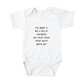 Rompertjes baby met tekst - My diaper is like a box of choclates. You never know what you're gonna get - Romper wit - Maat 74/80