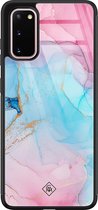 Samsung S20 hoesje glass - Marmer blauw roze | Samsung Galaxy S20 case | Hardcase backcover zwart