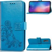 Lucky Clover geperste bloemenpatroon lederen tas voor Xiaomi Mi 9, met houder en kaartsleuven en portemonnee en handriem (blauw)