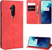 Voor OnePlus 7T Pro Retro-skin Business Magnetische Zuigleren Case met Purse-Bracket-Chuck (Rood)