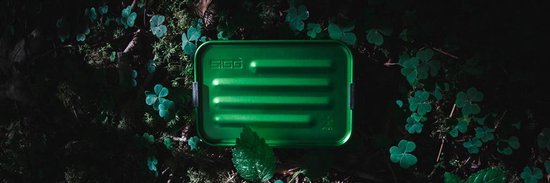 Boîte à lunch verte fermée dans l'herbe, avec le logo Sigg.
