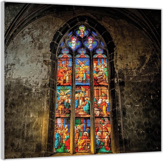 Acrylglas –Kerk met Glas-in-lood Raam– 100x100 (Wanddecoratie op Acrylglas)