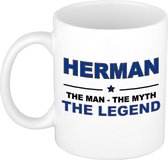 Naam cadeau Herman - The man, The myth the legend koffie mok / beker 300 ml - naam/namen mokken - Cadeau voor o.a  verjaardag/ vaderdag/ pensioen/ geslaagd/ bedankt